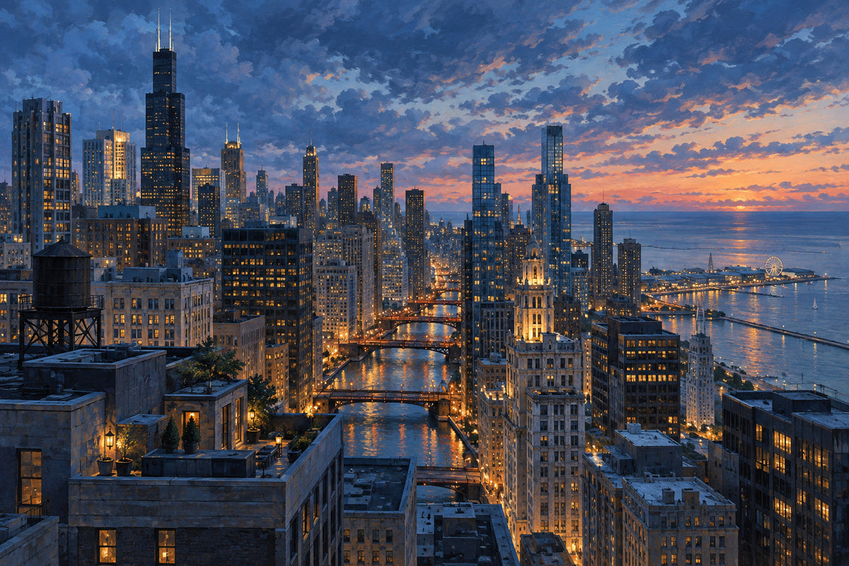 Chicago Blue Hour — original horizontal canvas artwork