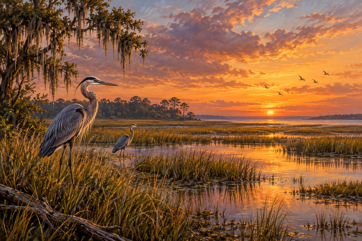 Herons At The Marsh — original horizontal canvas artwork