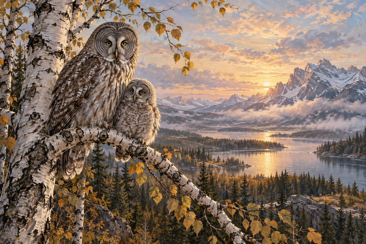 Owls Of The Birch — original horizontal canvas artwork