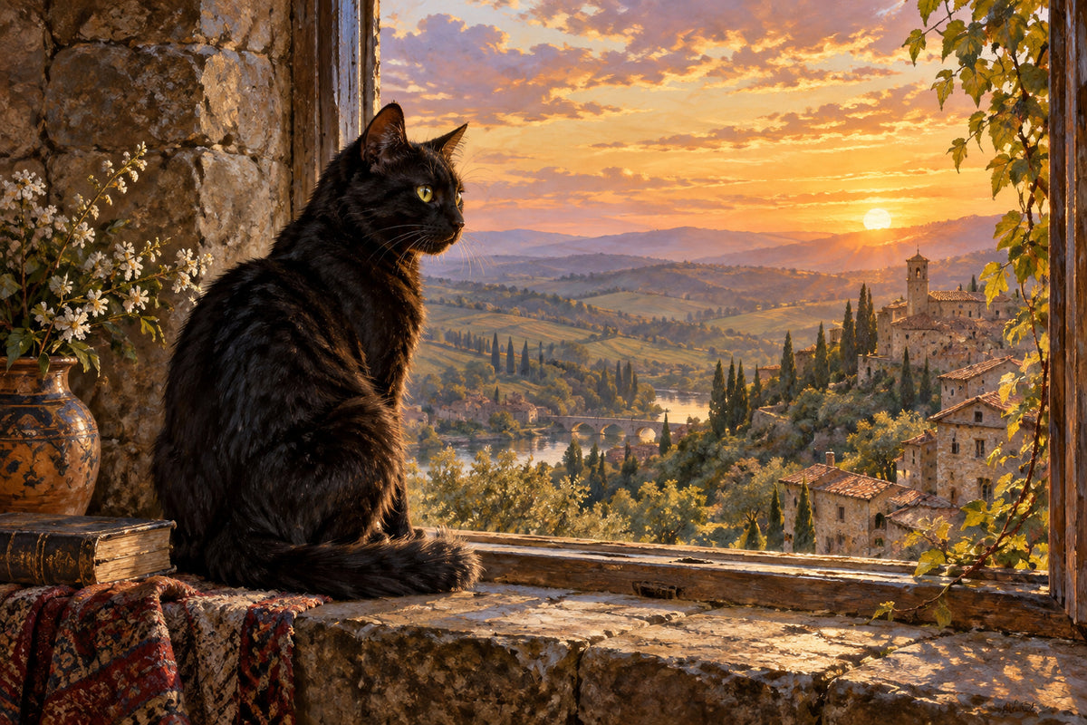 Black Cat Window — original horizontal canvas artwork