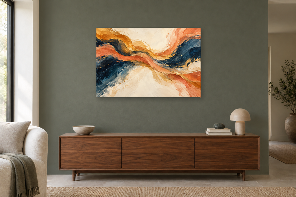 Amber Current — horizontal canvas in a living room, full original artwork