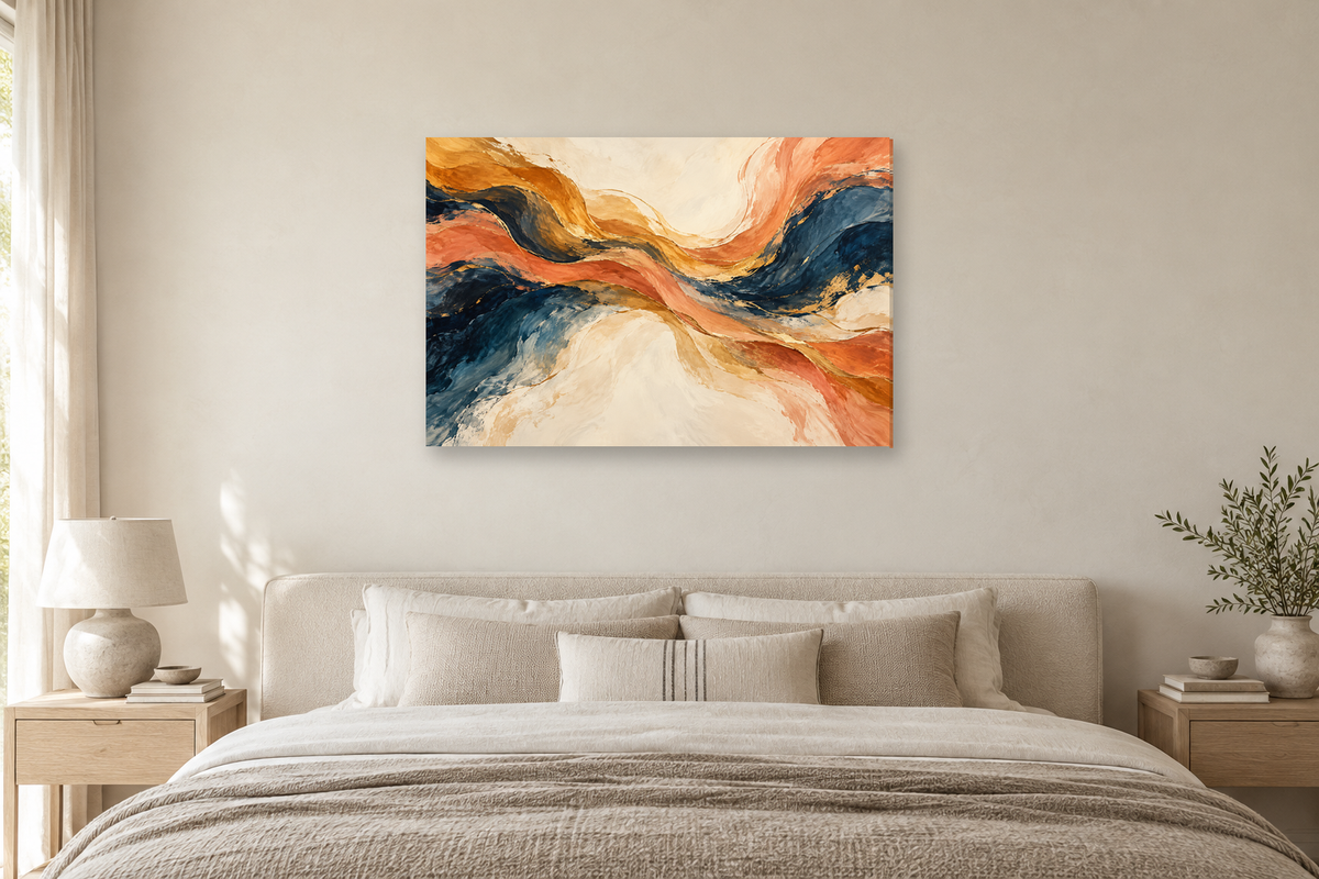 Amber Current — horizontal canvas in a bedroom, full original artwork