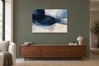 Indigo Drift — horizontal canvas in a living room, full original artwork