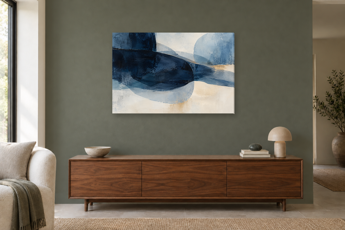 Indigo Drift — horizontal canvas in a living room, full original artwork
