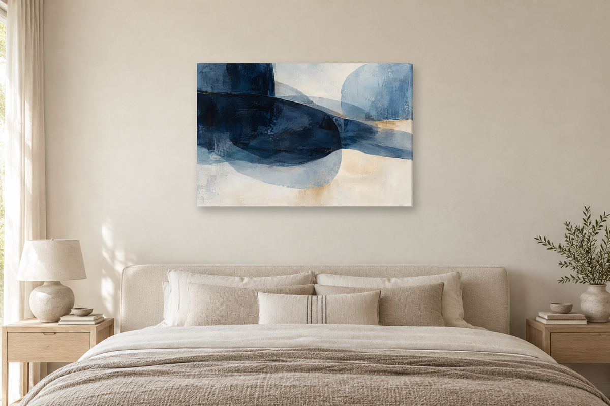 Indigo Drift — horizontal canvas in a bedroom, full original artwork