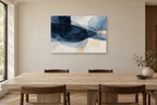 Indigo Drift — horizontal canvas in a dining room, full original artwork
