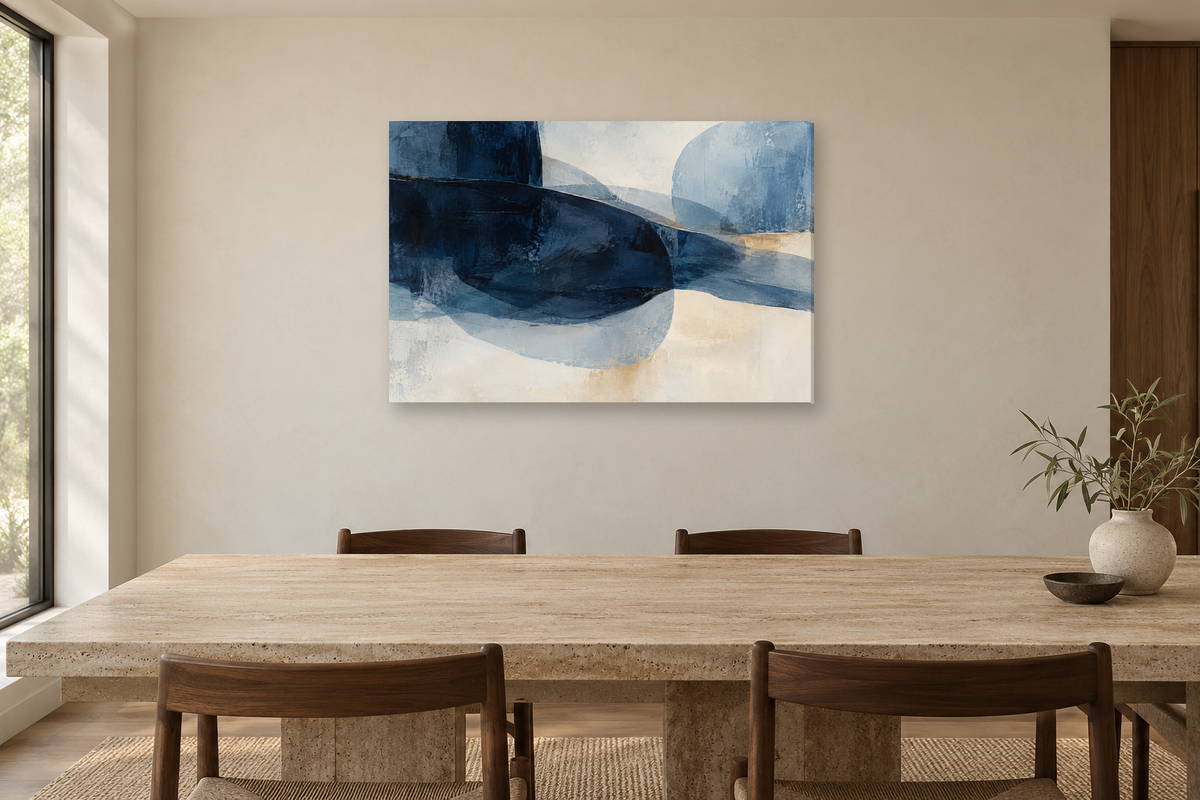 Indigo Drift — horizontal canvas in a dining room, full original artwork