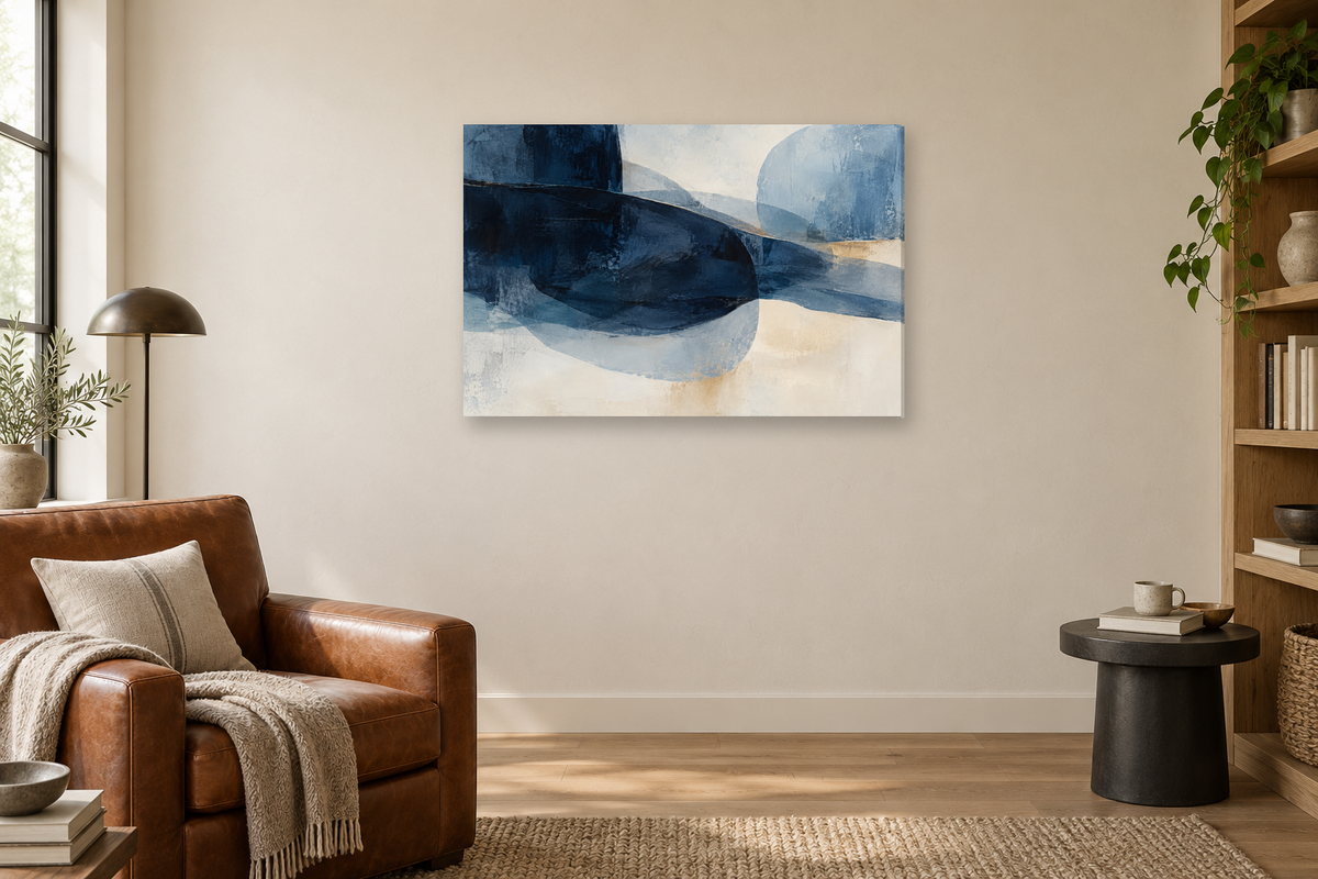 Indigo Drift — horizontal canvas in a reading corner, full original artwork