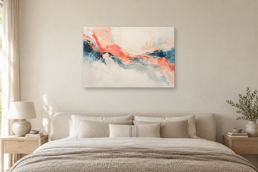 Coral Frequency — horizontal canvas in a bedroom, full original artwork