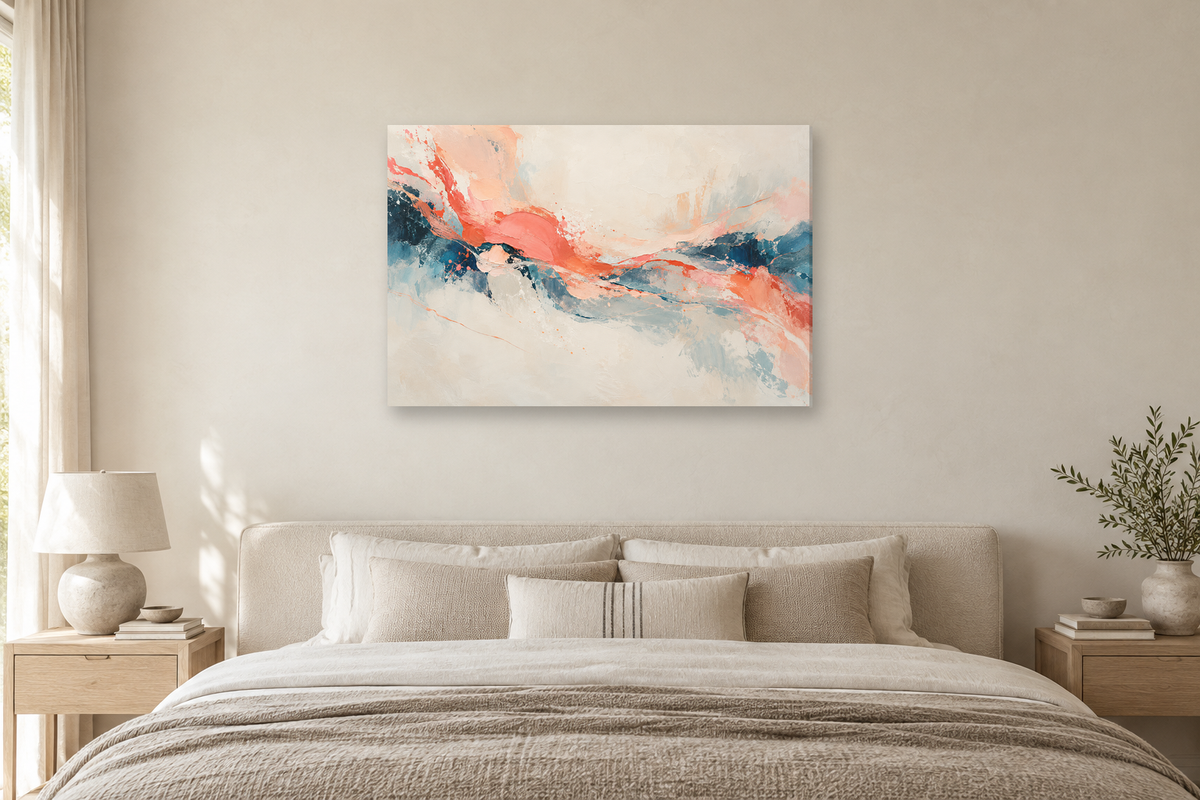 Coral Frequency — horizontal canvas in a bedroom, full original artwork