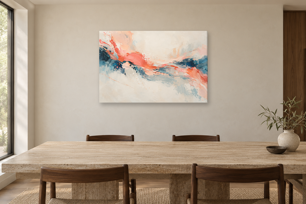 Coral Frequency — horizontal canvas in a dining room, full original artwork