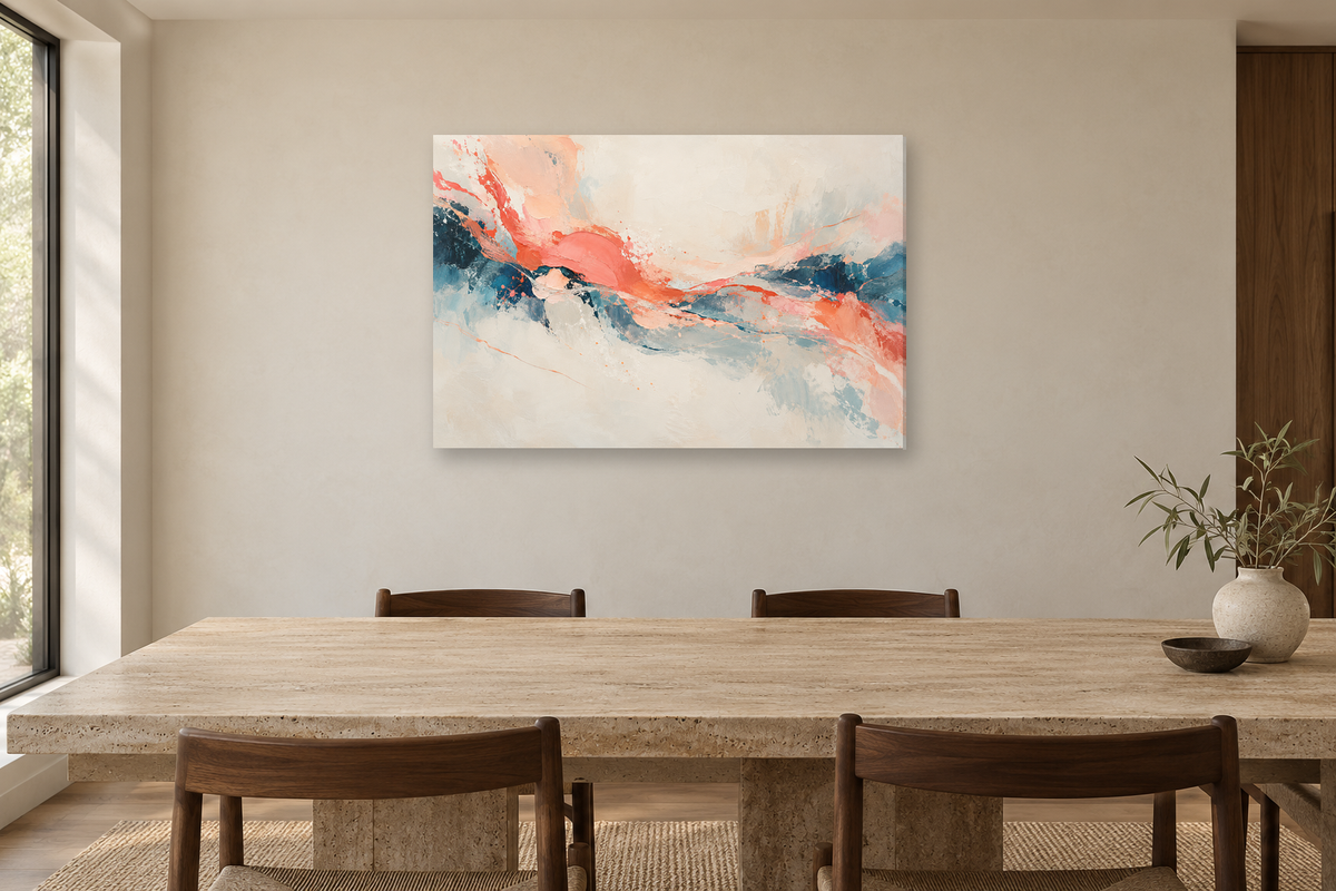 Coral Frequency — horizontal canvas in a dining room, full original artwork