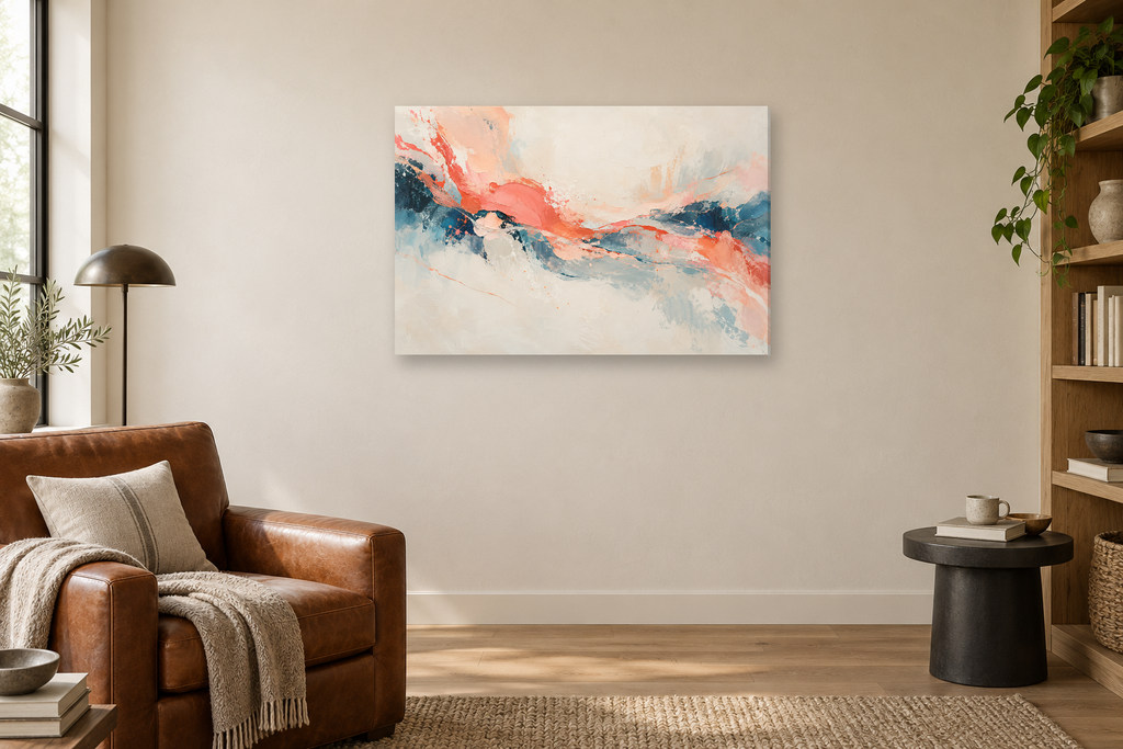 Coral Frequency — horizontal canvas in a reading corner, full original artwork