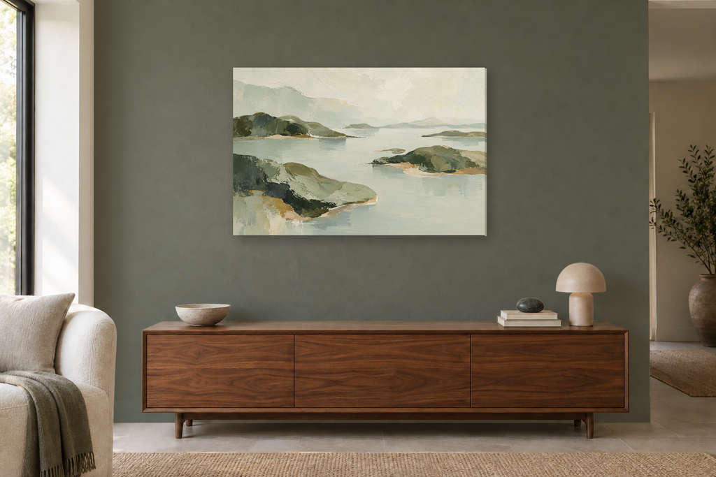 Sage Confluence — horizontal canvas in a living room, full original artwork