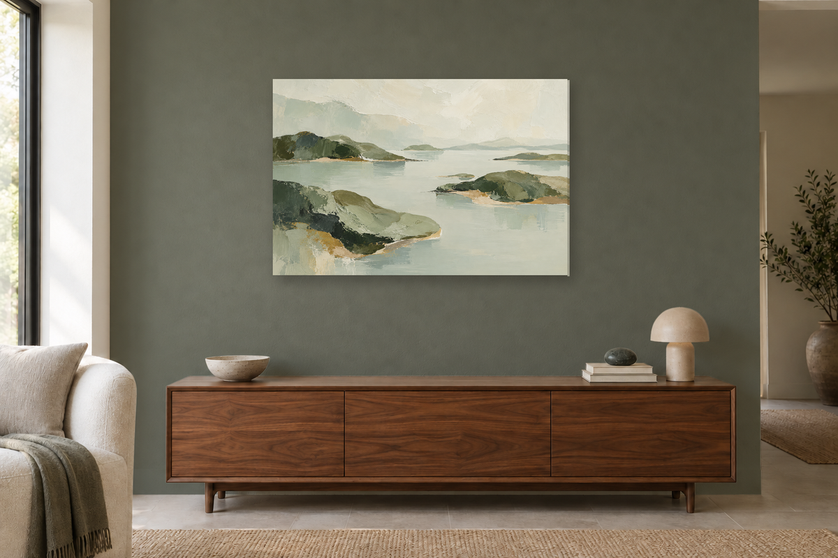 Sage Confluence — horizontal canvas in a living room, full original artwork