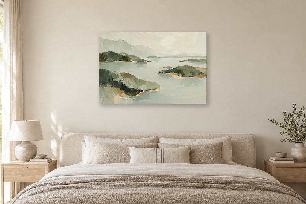 Sage Confluence — horizontal canvas in a bedroom, full original artwork