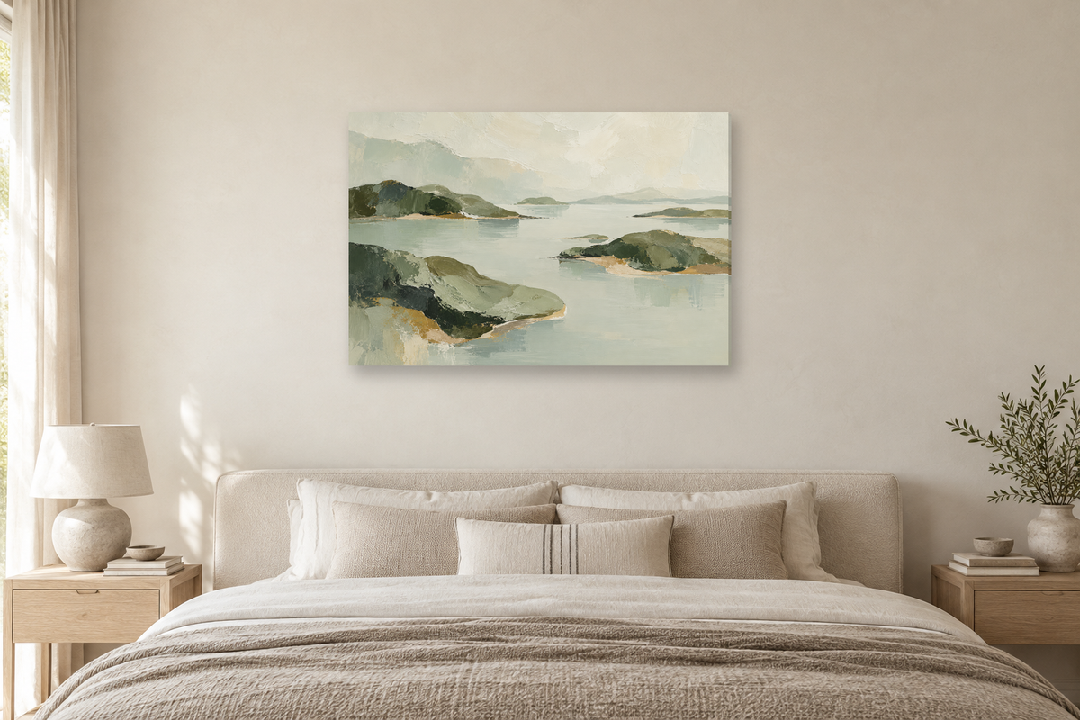 Sage Confluence — horizontal canvas in a bedroom, full original artwork