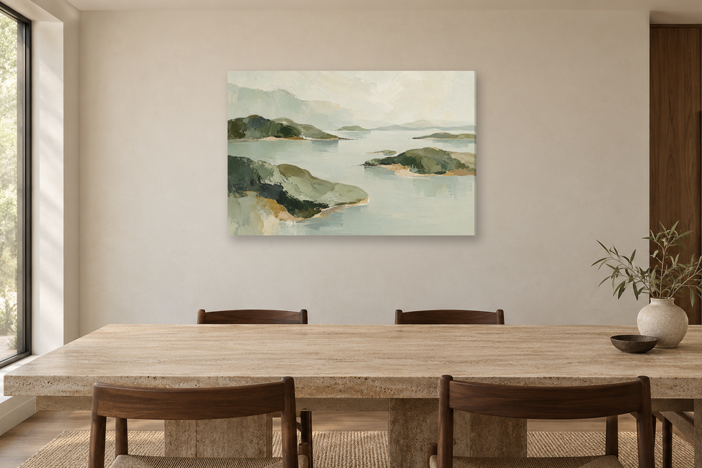 Sage Confluence — horizontal canvas in a dining room, full original artwork