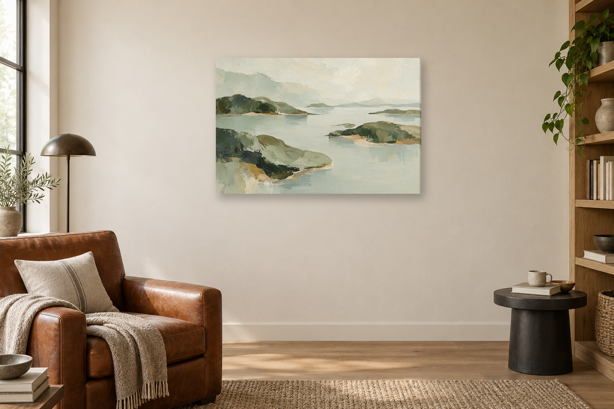 Sage Confluence — horizontal canvas in a reading corner, full original artwork