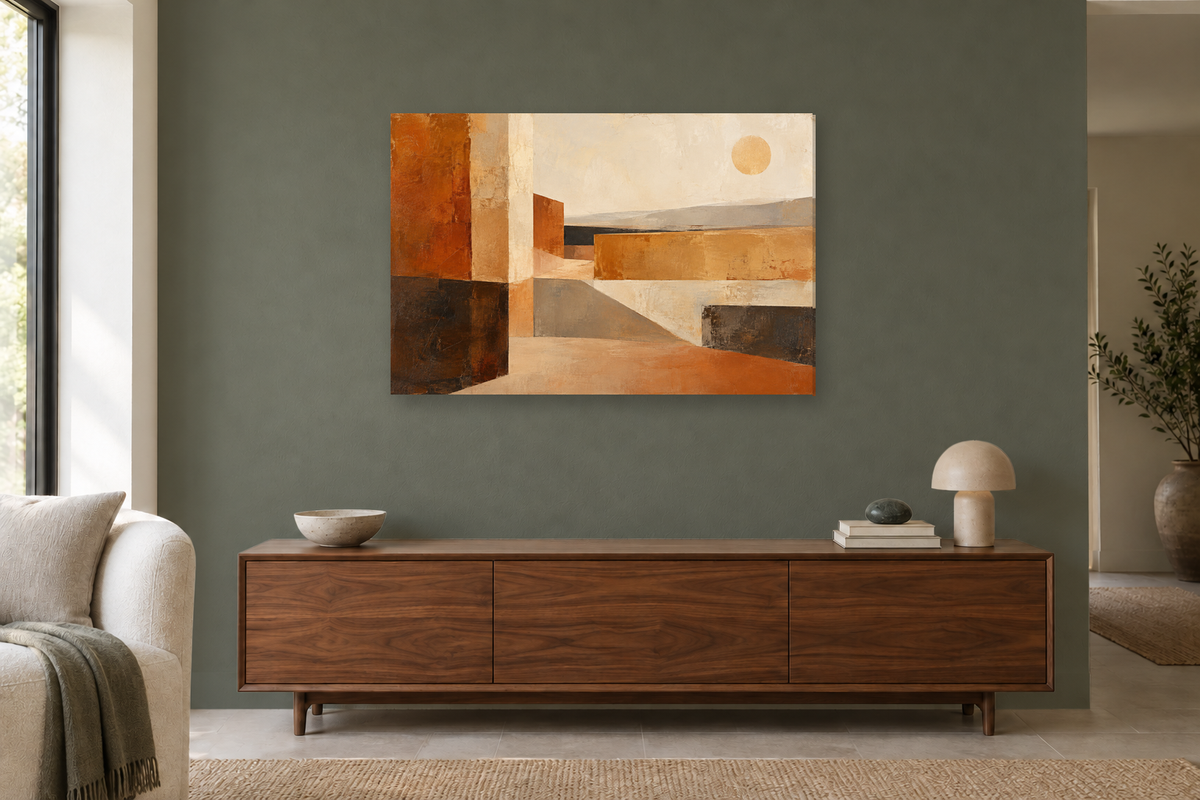 Ochre Passage — horizontal canvas in a living room, full original artwork