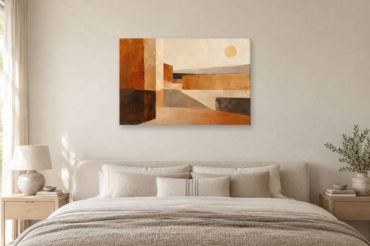 Ochre Passage — horizontal canvas in a bedroom, full original artwork