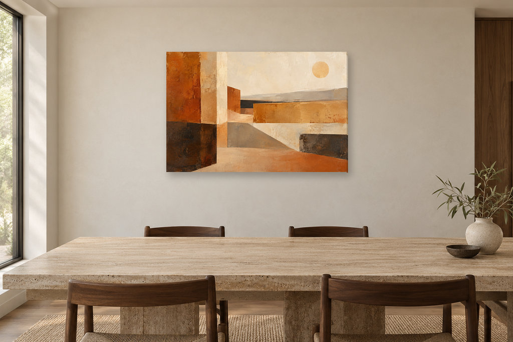 Ochre Passage — horizontal canvas in a dining room, full original artwork
