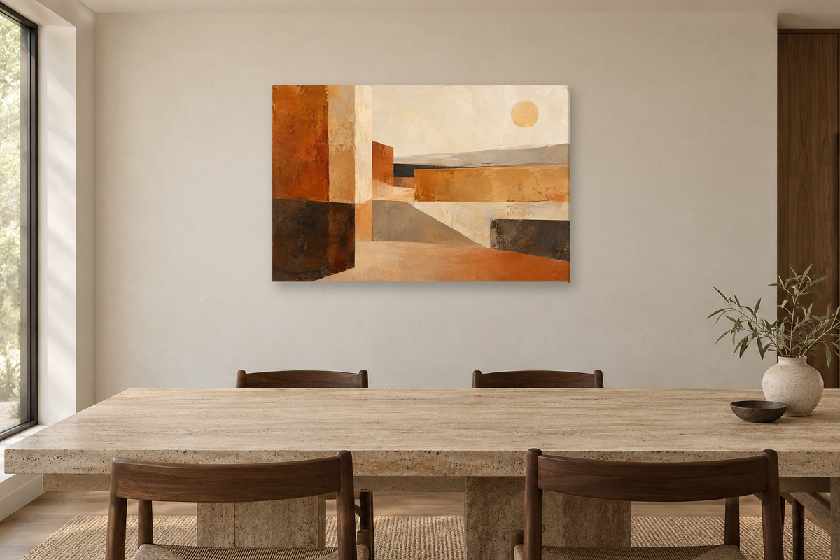 Ochre Passage — horizontal canvas in a dining room, full original artwork