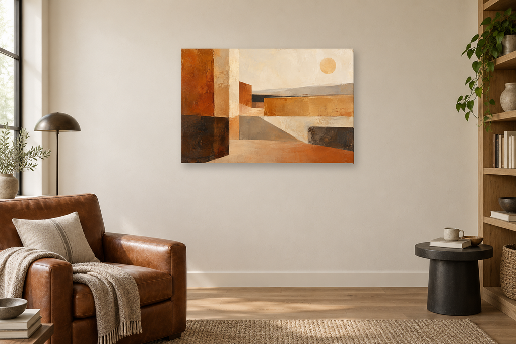 Ochre Passage — horizontal canvas in a reading corner, full original artwork