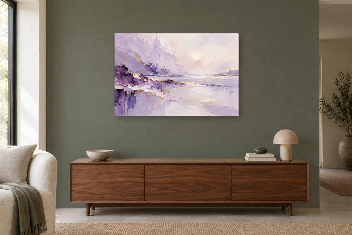 Lilac Tides — horizontal canvas in a living room, full original artwork