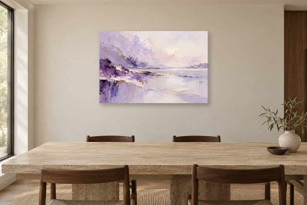 Lilac Tides — horizontal canvas in a dining room, full original artwork