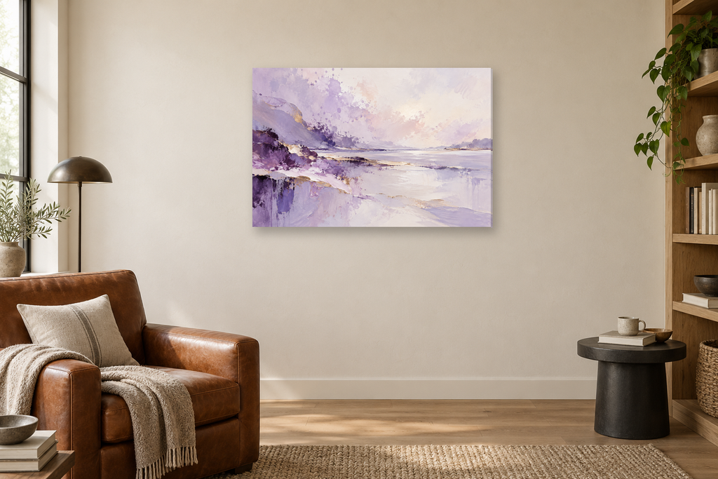 Lilac Tides — horizontal canvas in a reading corner, full original artwork
