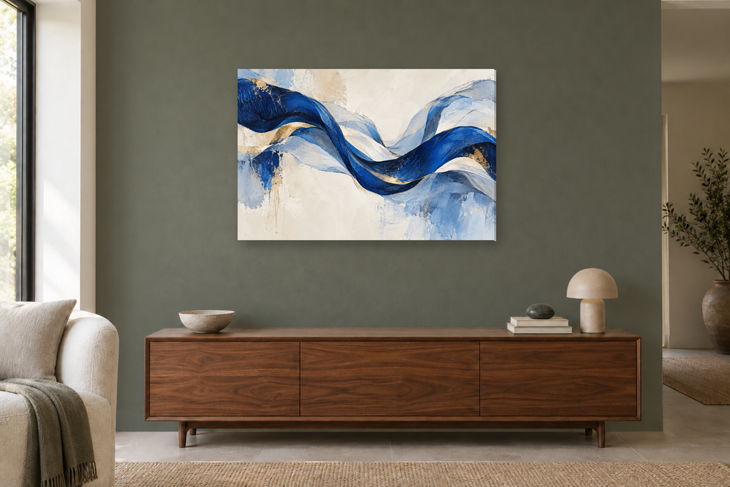 Cobalt Rhythm — horizontal canvas in a living room, full original artwork