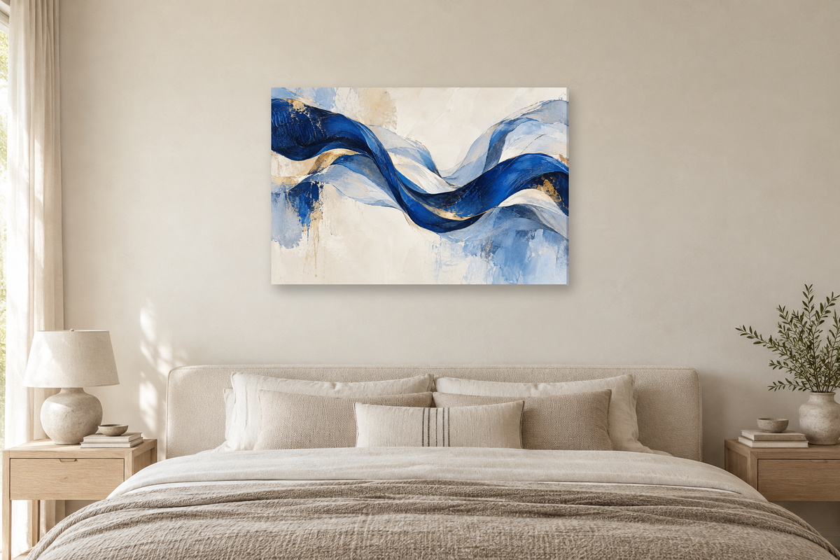 Cobalt Rhythm — horizontal canvas in a bedroom, full original artwork