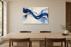 Cobalt Rhythm — horizontal canvas in a dining room, full original artwork