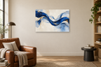 Cobalt Rhythm — horizontal canvas in a reading corner, full original artwork