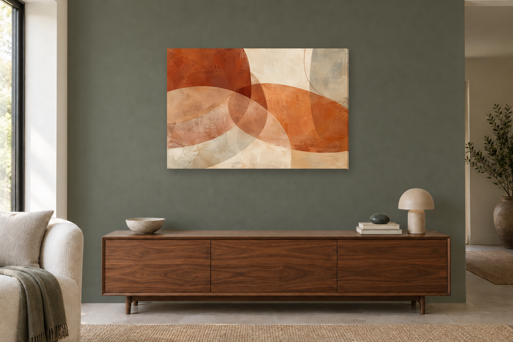 Terracotta Dialogue — horizontal canvas in a living room, full original artwork