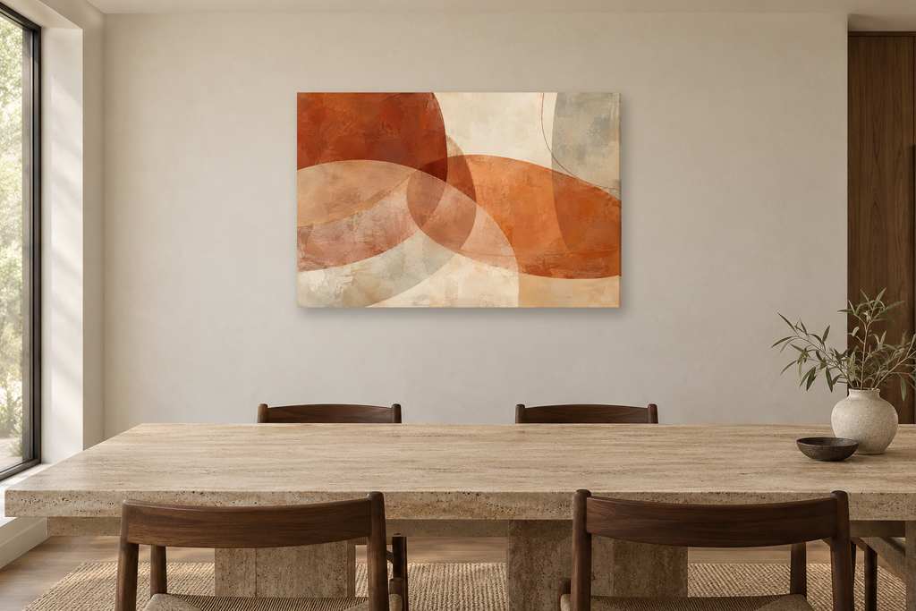 Terracotta Dialogue — horizontal canvas in a dining room, full original artwork