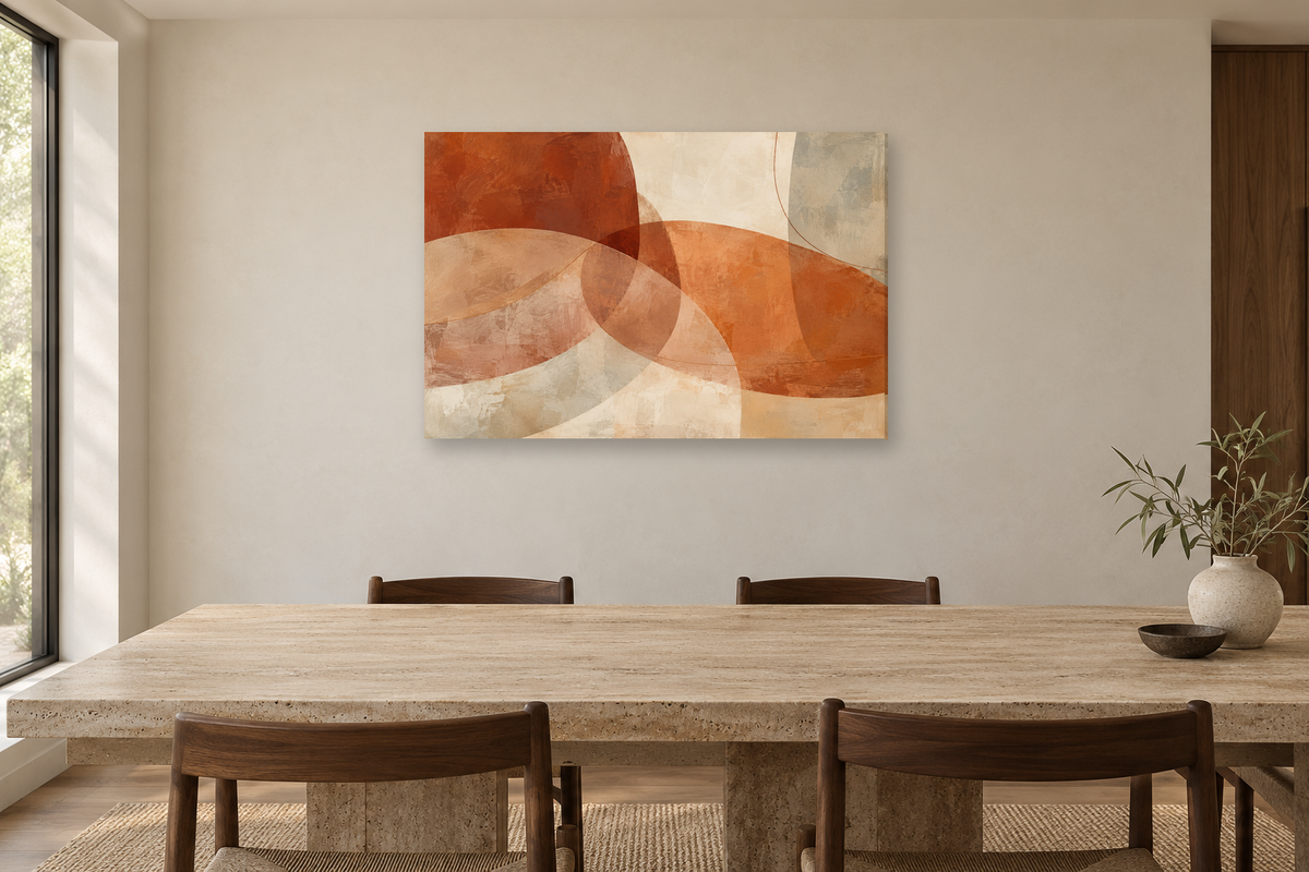 Terracotta Dialogue — horizontal canvas in a dining room, full original artwork