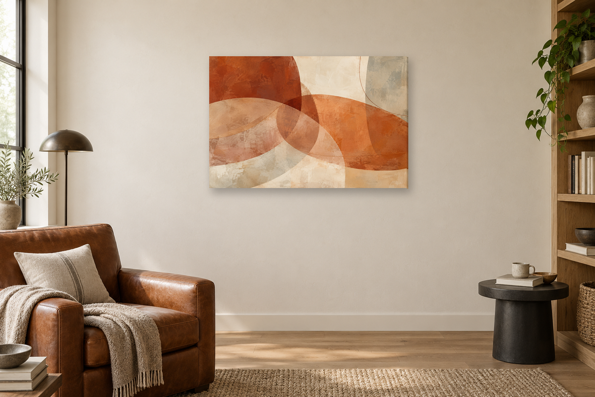 Terracotta Dialogue — horizontal canvas in a reading corner, full original artwork