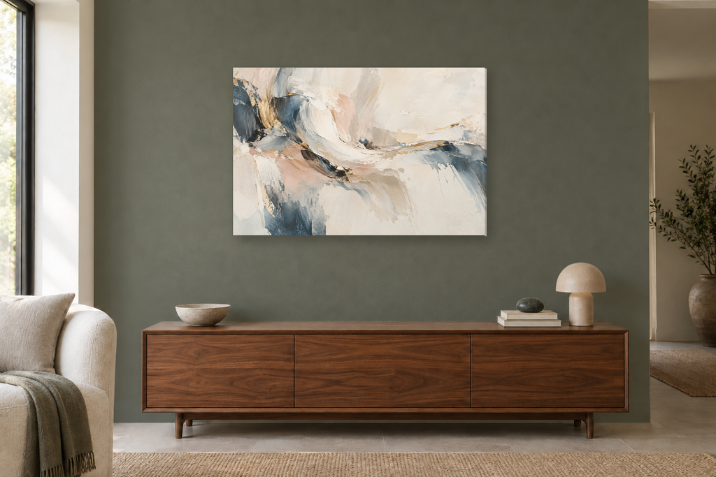 Pearl Interlude — horizontal canvas in a living room, full original artwork
