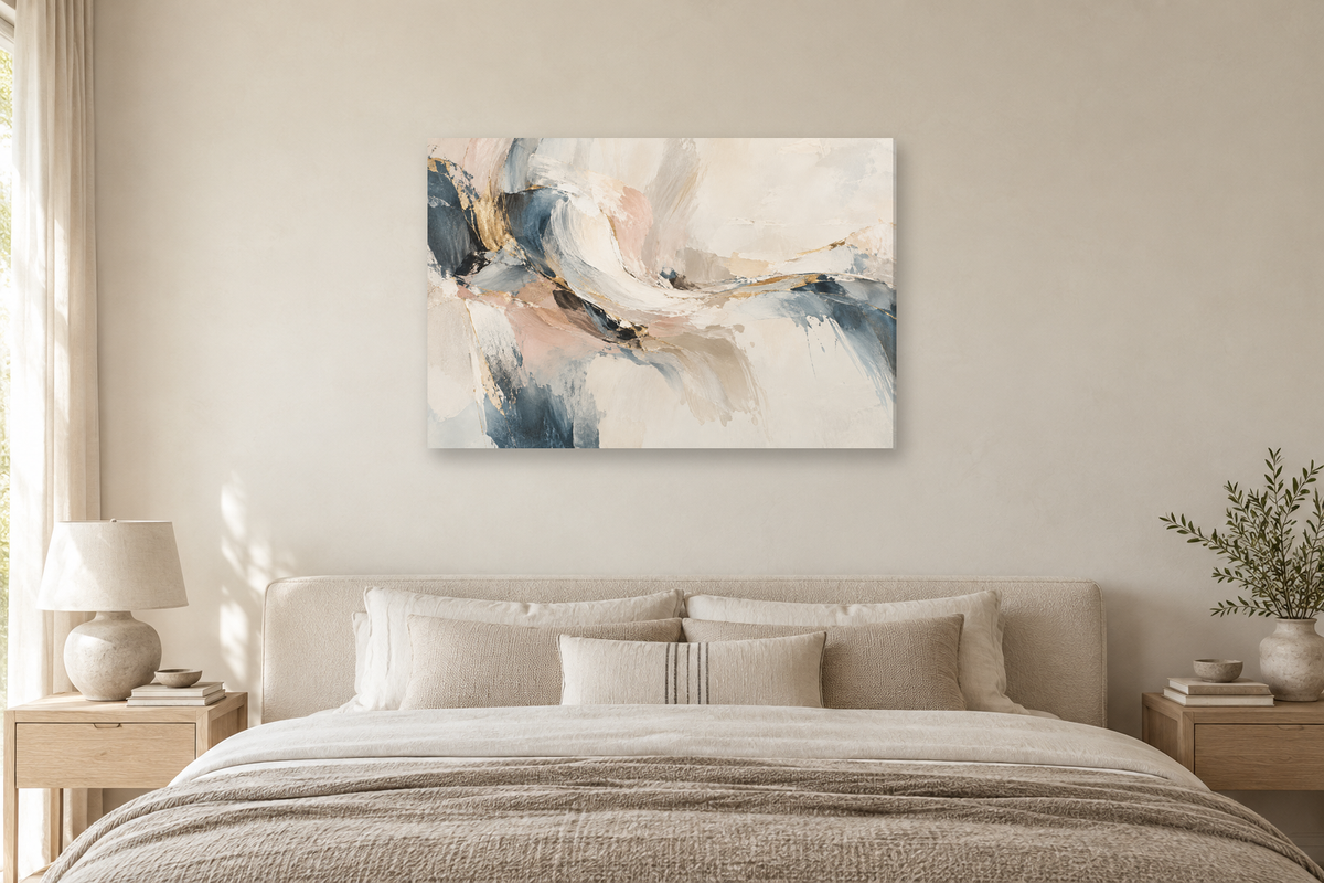 Pearl Interlude — horizontal canvas in a bedroom, full original artwork