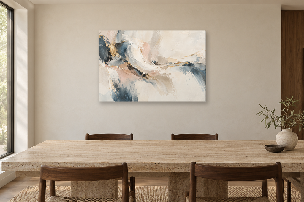 Pearl Interlude — horizontal canvas in a dining room, full original artwork