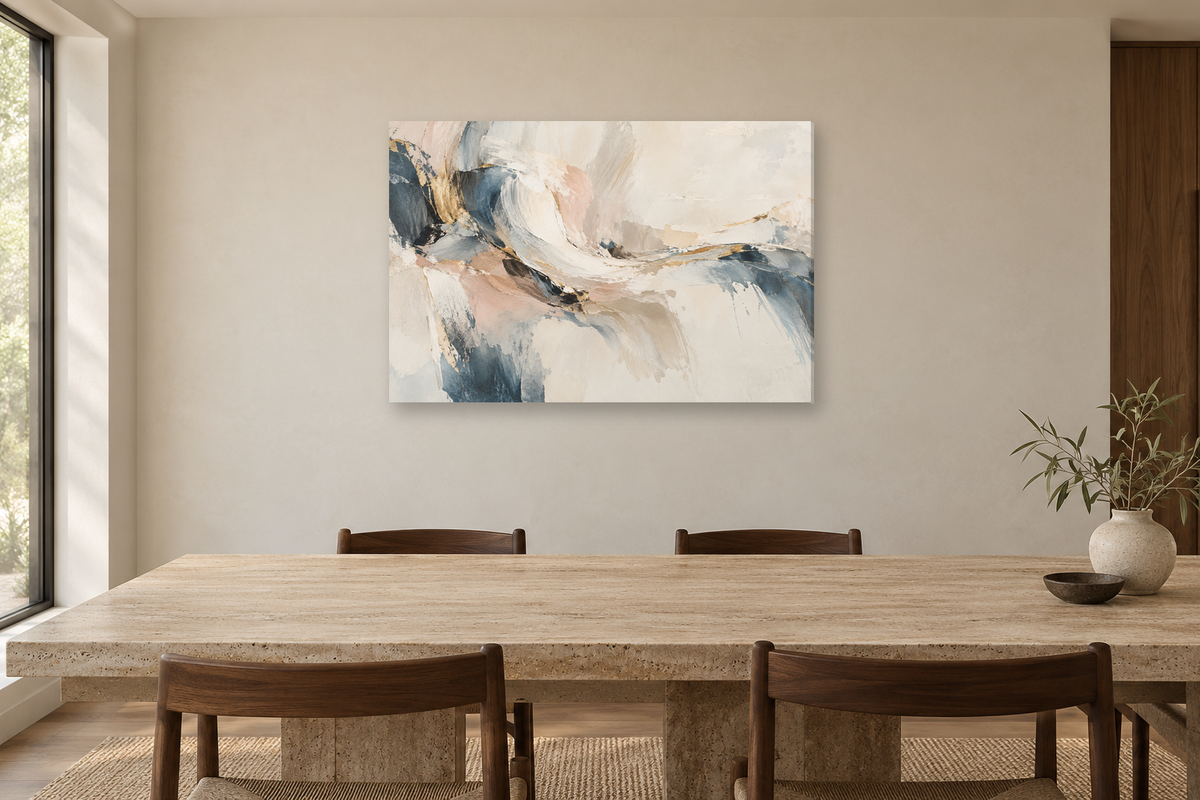 Pearl Interlude — horizontal canvas in a dining room, full original artwork