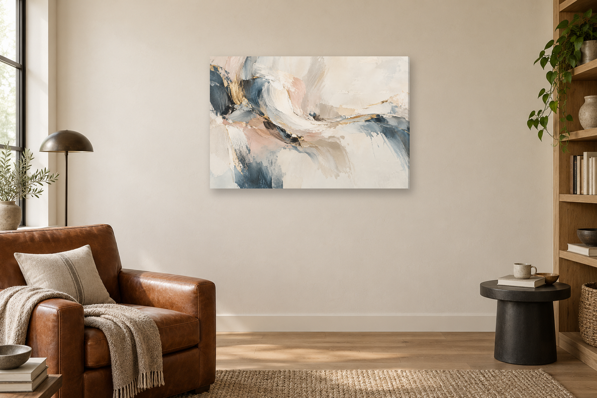 Pearl Interlude — horizontal canvas in a reading corner, full original artwork