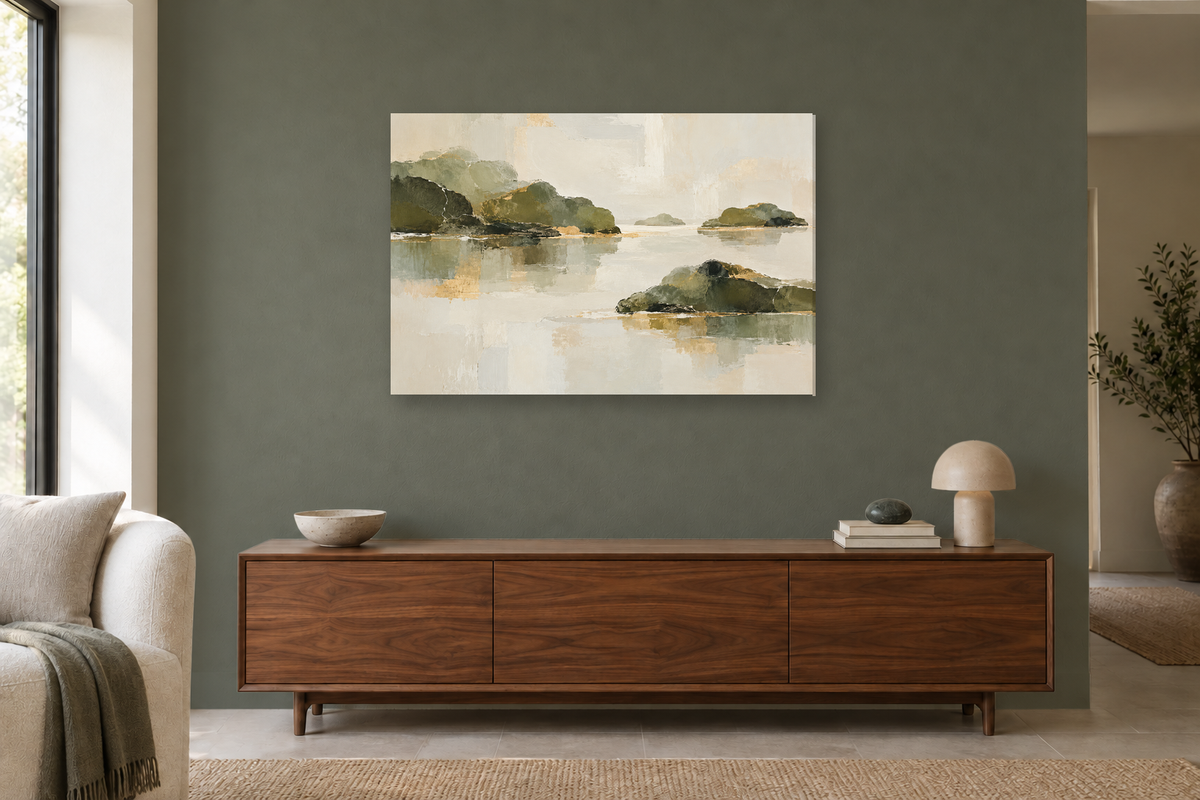 Olive Resonance — horizontal canvas in a living room, full original artwork