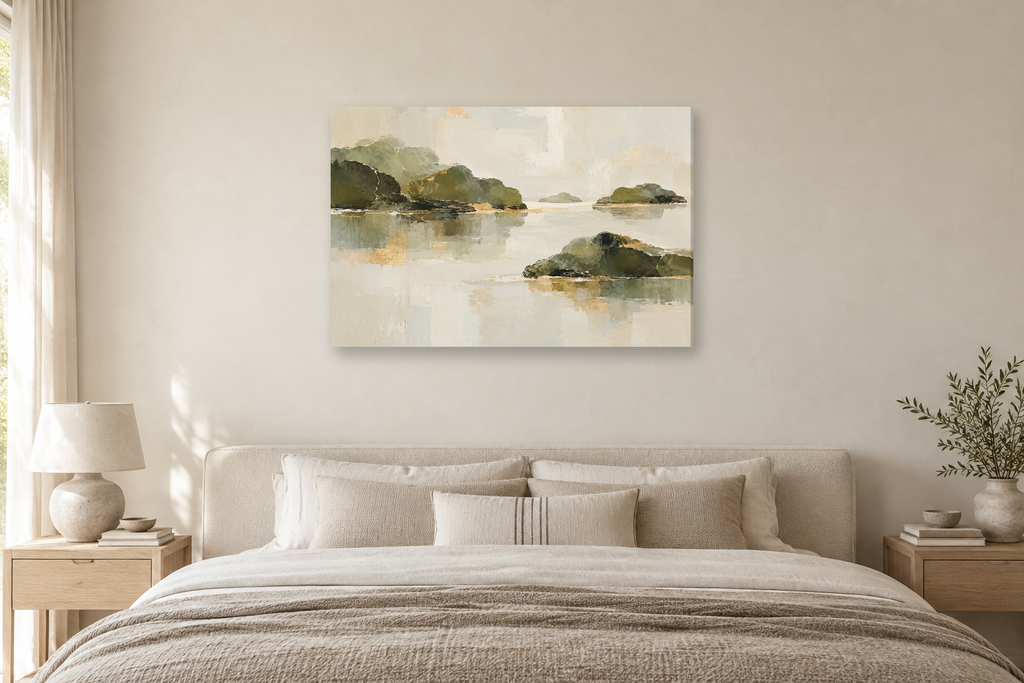 Olive Resonance — horizontal canvas in a bedroom, full original artwork
