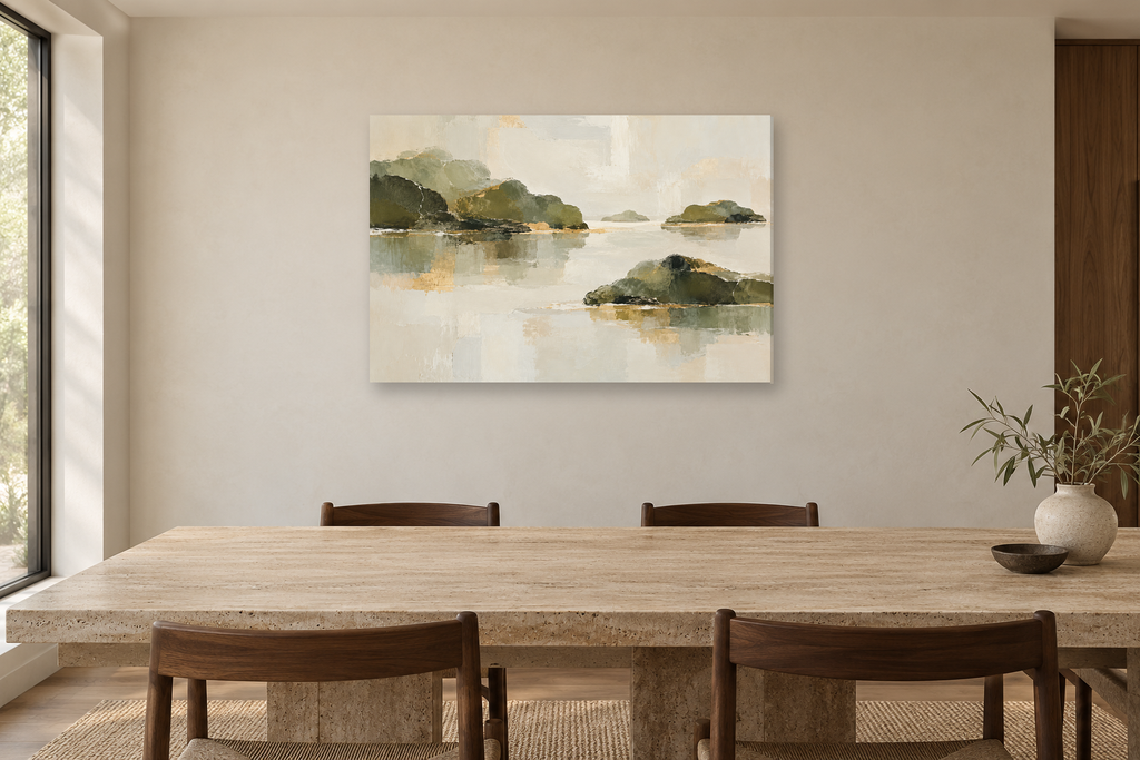 Olive Resonance — horizontal canvas in a dining room, full original artwork
