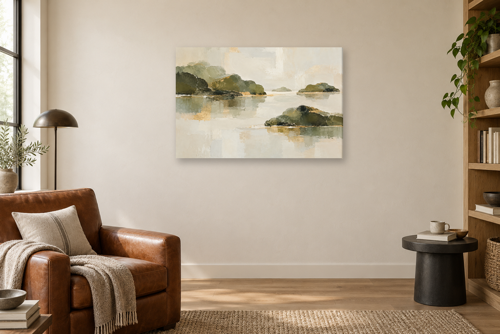 Olive Resonance — horizontal canvas in a reading corner, full original artwork