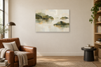 Olive Resonance — horizontal canvas in a reading corner, full original artwork