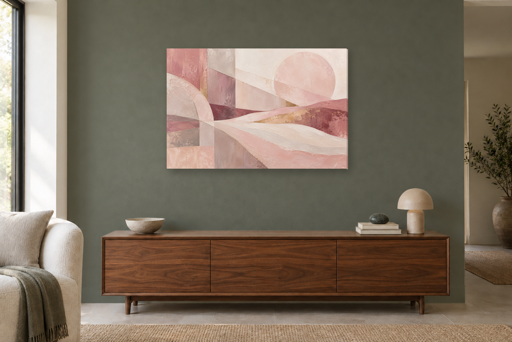 Rose Quartz Flow — horizontal canvas in a living room, full original artwork